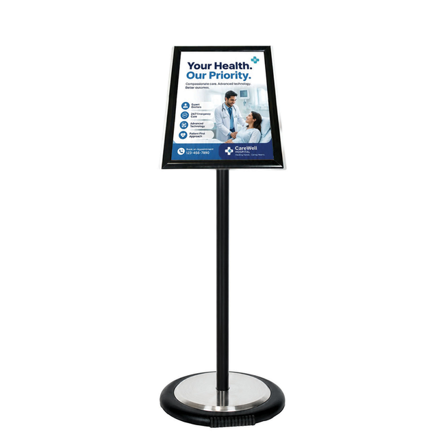 Black Ezi Pole with 1 A3 Portrait Square Cornered Snap Frames with Wheel Base 