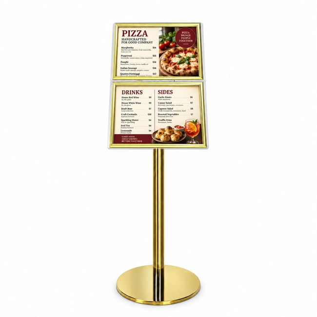 Gold Ezi Pole with 2 A4 Landscape Square Cornered Snap Frames 