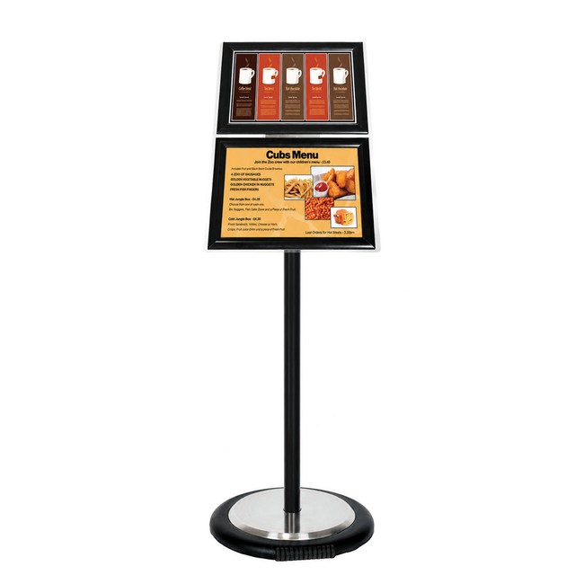 Black Ezi Pole with 2 A4 Landscape Square Cornered Snap Frames with Wheel Base