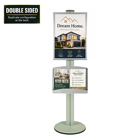 A2 Snap Frame and Brochure Trays Double Sided on 1.8m Silver Combo Pole
