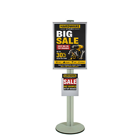 A2 Poster Holder with A4 Steel Brochure Holder on Silver Combo Pole 1450mm High - Single Sided