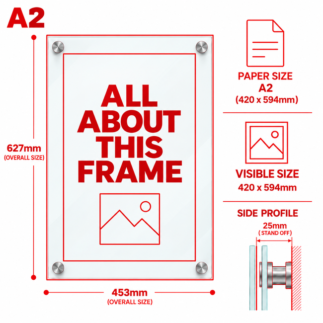 A2 Glassboard Poster Frame with Standoff Mounts