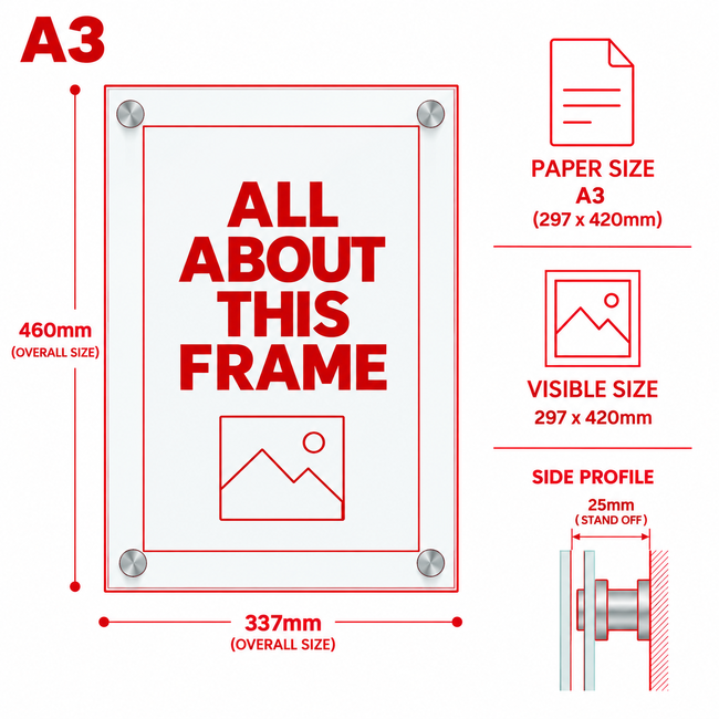 A3 Glassboard Poster Frame with Standoff Mounts