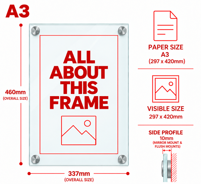A3 Glassboard Poster Frame with Flush Mounts