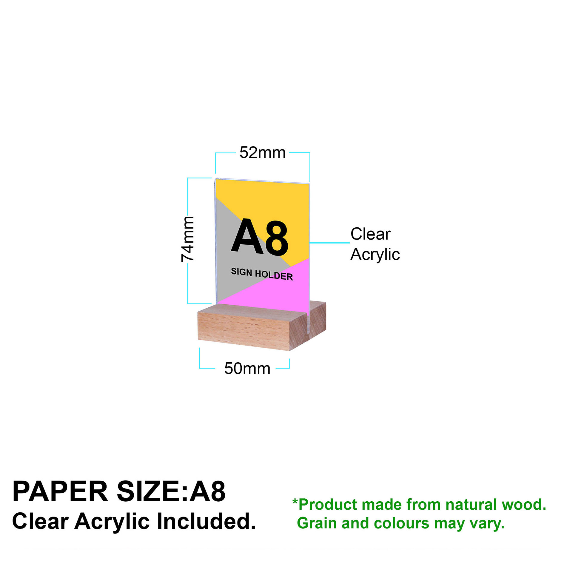 Wood A8 Portrait  Mini Straight Sign Holder