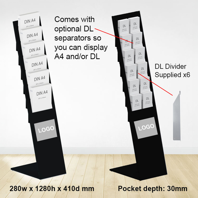 Black Mod Brochure Holder Display with Dividers  - Includes Custom Printing