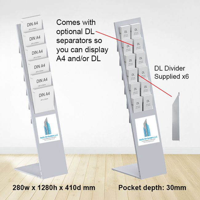 Silver Mod Brochure Holder Display with Dividers - Includes Custom Printing