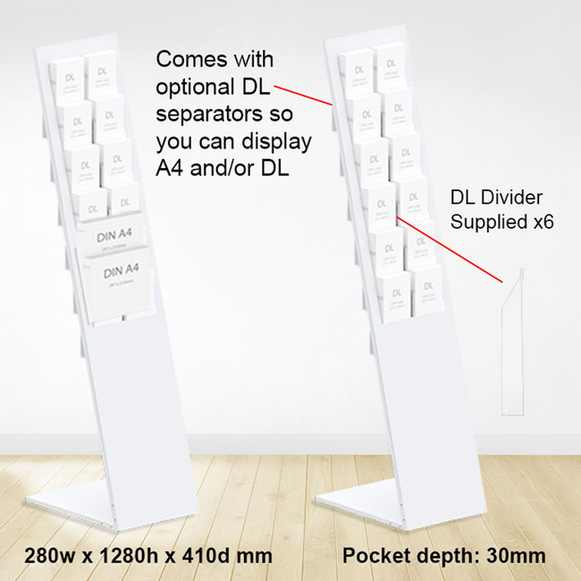 White Mod Brochure Holder Display with Dividers