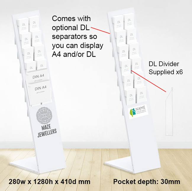 White Mod Brochure Holder Display with Dividers - Includes Custom Printing