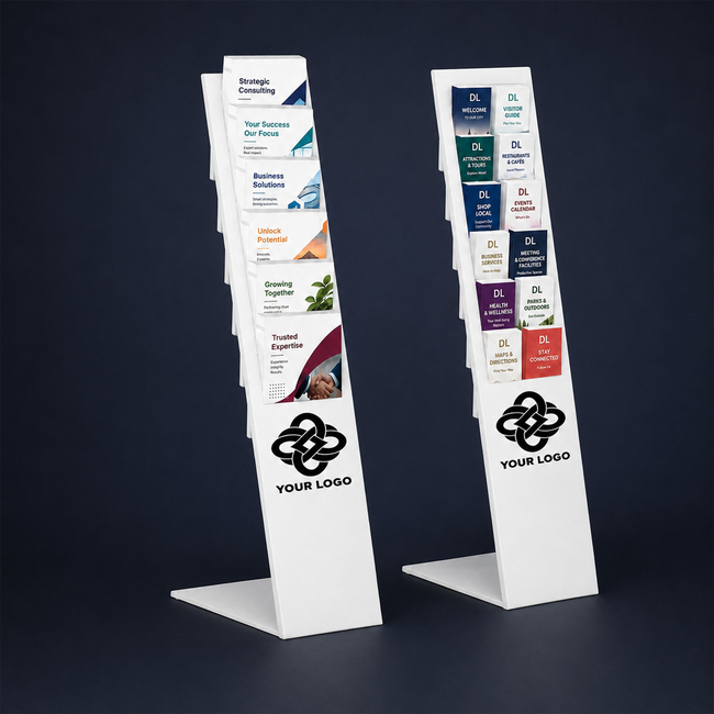 White Mod Brochure Holder Display with Dividers - Includes Custom Printing