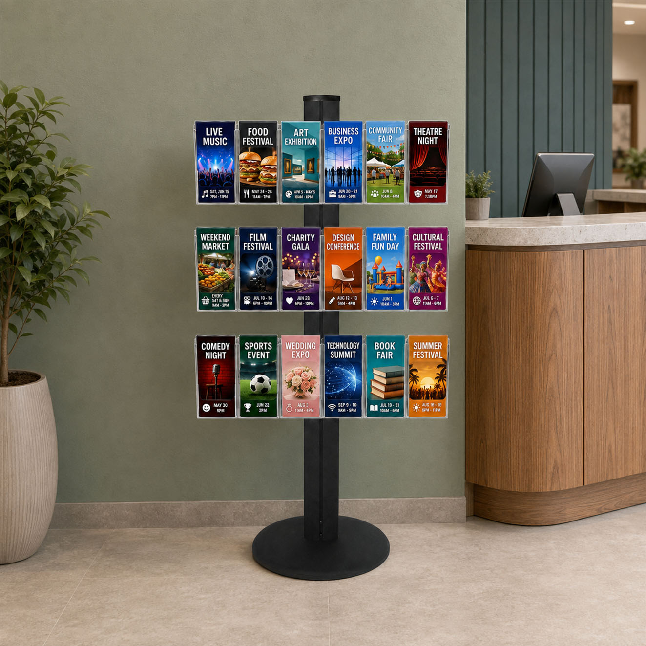 Freestanding 1450mm Black Combo  Brochure Holder 18 DL 