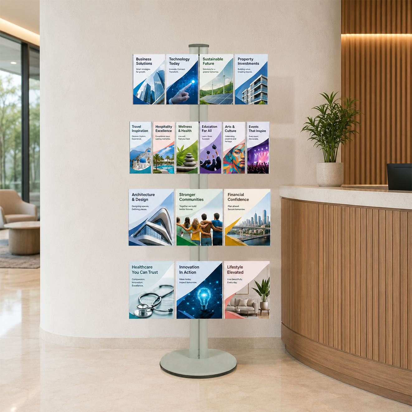 Freestanding 1800mm Silver Combo  Brochure Holder 6 DL, 6 A4 & 4 A5