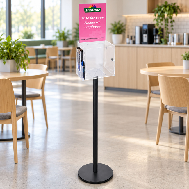 Premium Clear Suggestion Box with A4 Display on Black Pole and Base with DL Brochure Holder and Pen Holder on Side