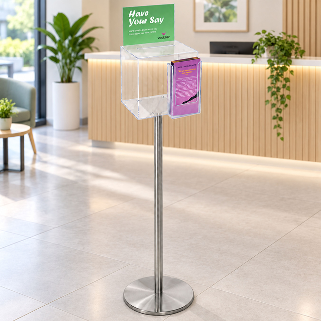 Premium Clear Suggestion Box with A5 Display on Silver Pole and Base with DL Brochure Holder