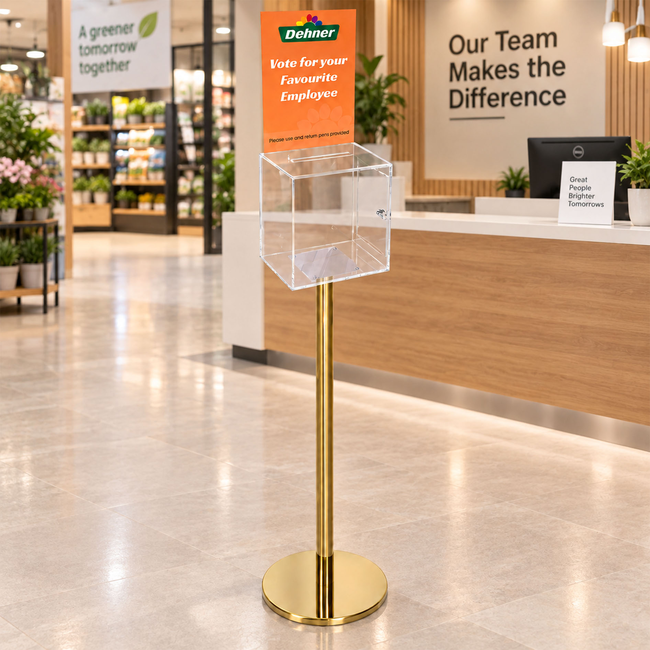 Premium Clear Suggestion Box with A4 Display on Gold Pole and Base