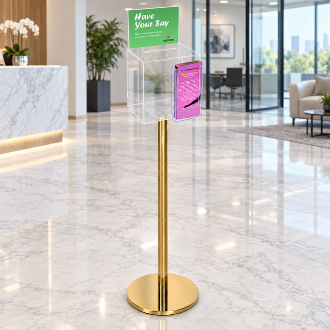 Premium Clear Suggestion Box with A5 Display on Gold Pole and Base with DL Brochure Holder