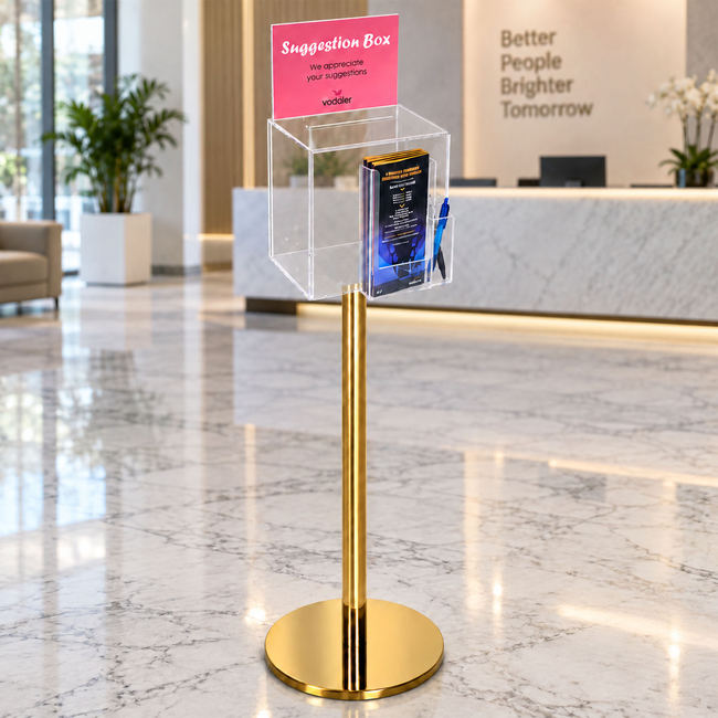 Premium Clear Suggestion Box with A5 Display on Gold Pole and Base with DL Brochure Holder and Pen Holder