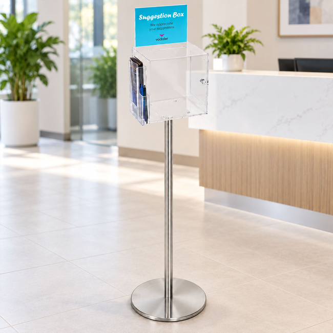 Premium Clear Suggestion Box with A5 Display on Silver Pole and Base with DL Brochure Holder and Pen Holder on Side