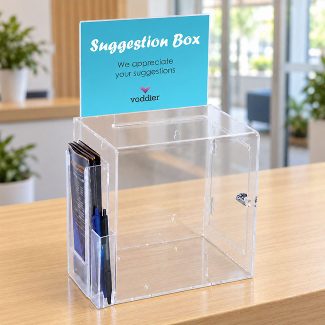Premium Acrylic Clear Suggestion Box with A5 Display and DL Brochure Holder and Pen Holder on side