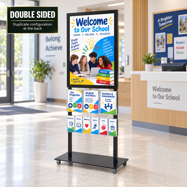 Tall Info Stand -  A1 Snap Frame with 3 A4 + 6 DL Brochure Holders Double Sided