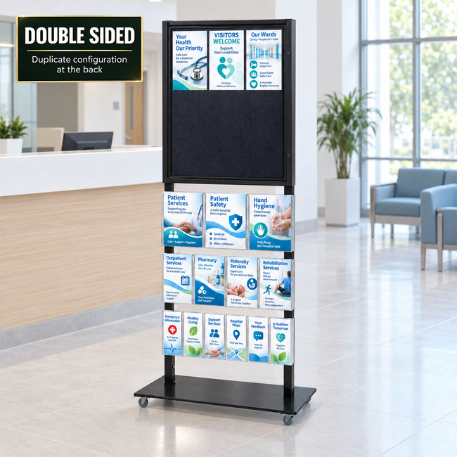 Tall Info Stand - 1 Felt Board with  3 A4 + 4 A5 + 6 DL Brochure Holders - DOUBLE SIDED