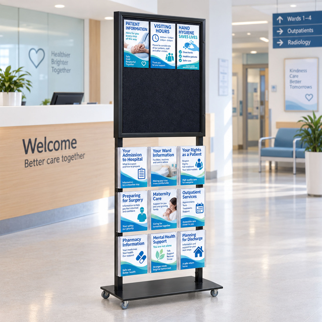 Tall Info Stand - 1 Felt Board  with  9 A4 Brochure Holders