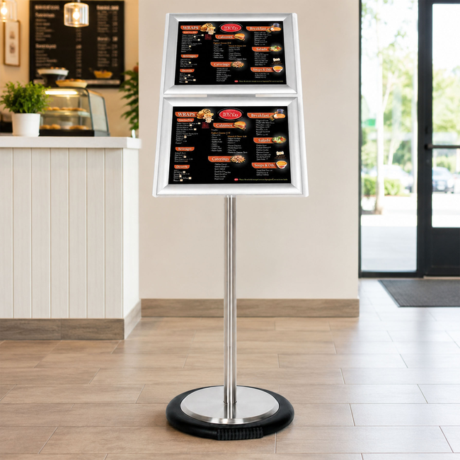 Ezi Pole with 2 A4 Landscape Square Cornered Snap Frames with Wheel Base