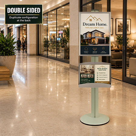 A2 Snap Frame and Brochure Trays Double Sided on 1.8m Silver Combo Pole