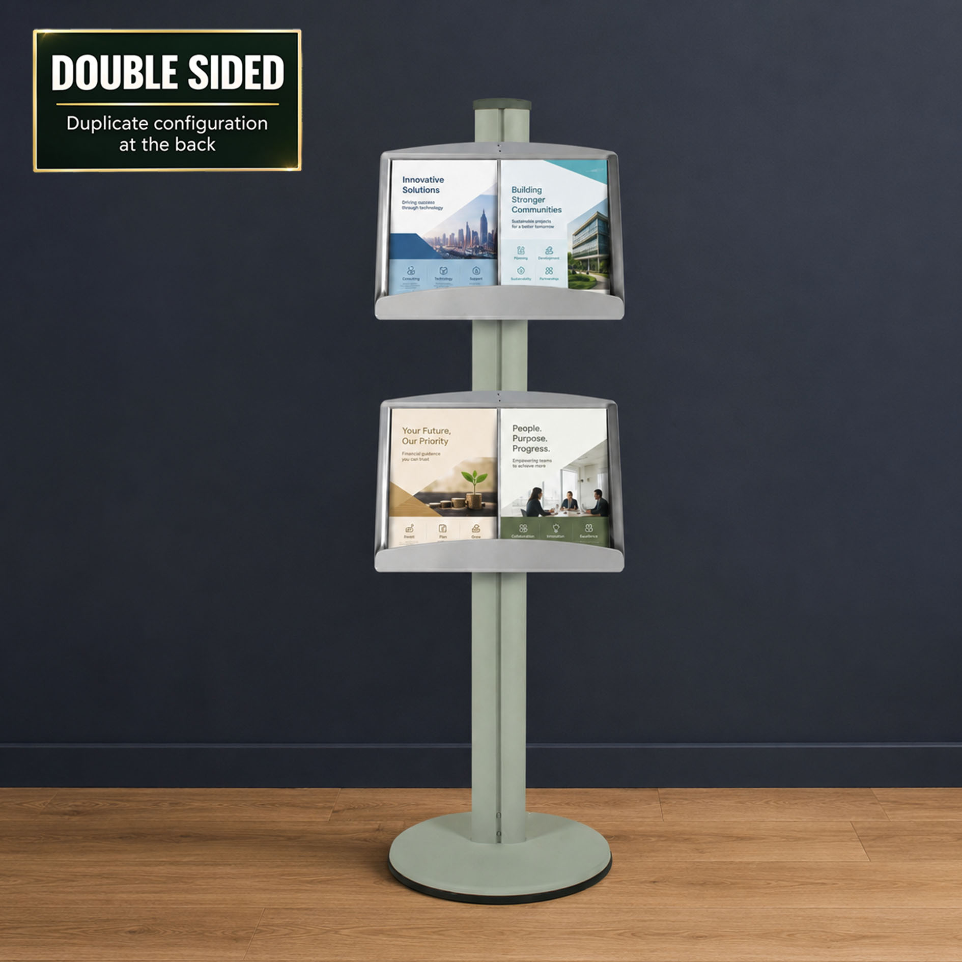  2 Brochure Trays on Silver Combo Pole 1450mm High - Double Sided
