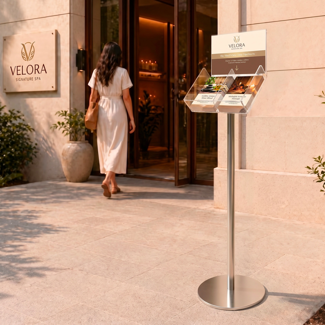 Silver Freestanding Brochure Holder Holds 2 A5