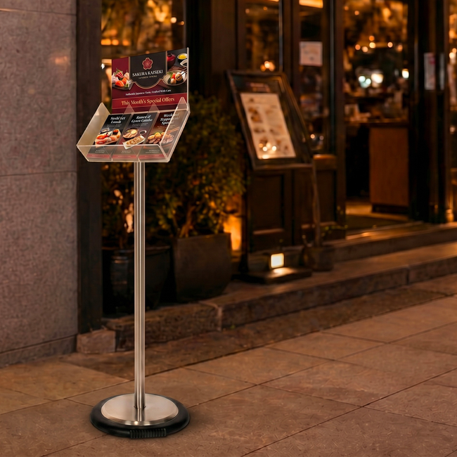 Silver Freestanding Brochure Holder Holds 3 DL with Wheel Base 