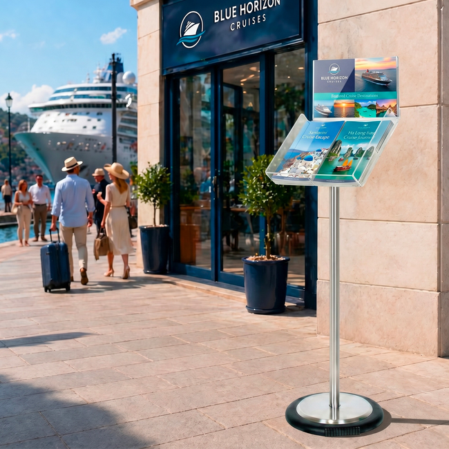 Silver Freestanding Brochure Holder Holds A3 Landscape with Wheel Base