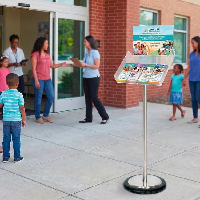Silver Freestanding Brochure Holder Holds 4 DL with Wheel Base 