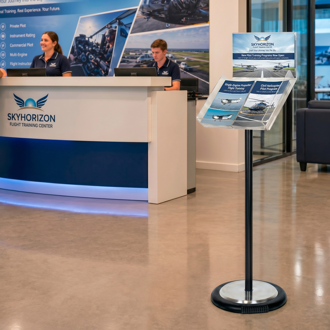 Black Freestanding Brochure Holder Holds A3 Landscape with Wheel Base