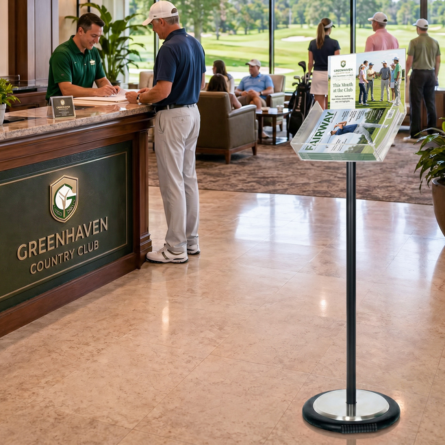 Black Freestanding Brochure Holder Holds A4 Landscape with Wheel Base