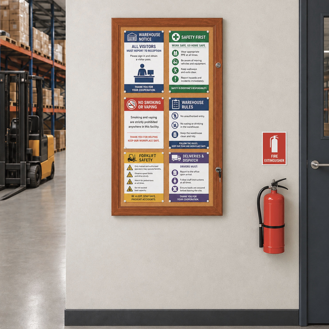 Dark Wood Finish Lockable Cork Notice Board (Holds 6 x A4 Sheets)