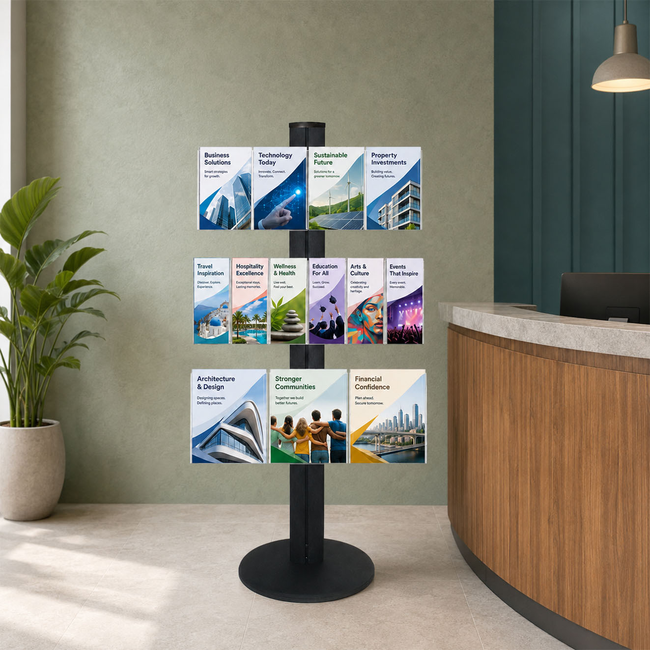 Freestanding 1450mm Black Combo  Brochure Holder 6 DL, 3 A4 & 4 A5