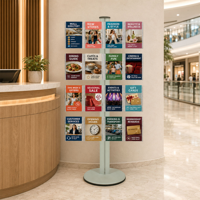 Freestanding 1800mm Silver Combo  Brochure Holder 16 A5