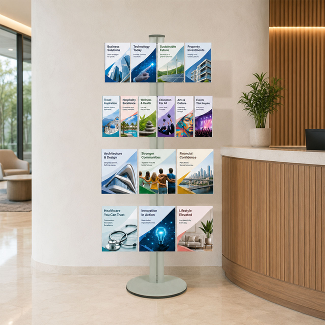 Freestanding 1800mm Silver Combo  Brochure Holder 6 DL, 6 A4 & 4 A5