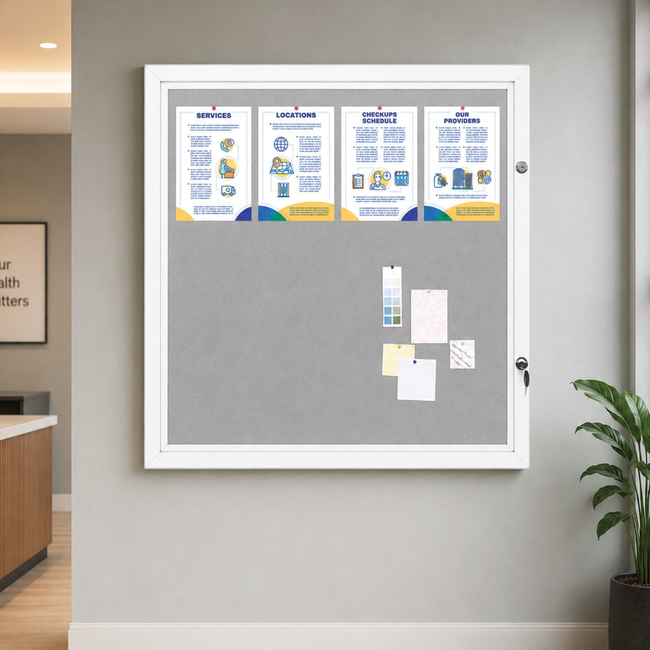 Silver Lockable Felt Notice Board (Holds 12 x A4 Sheets)