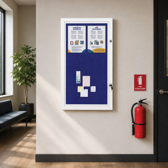 Silver Lockable Blue Felt Notice Board (Holds 6 x A4 Sheets)