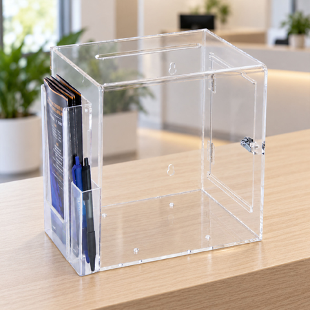 Premium Acrylic Clear Suggestion Box with DL Brochure Holder on side 