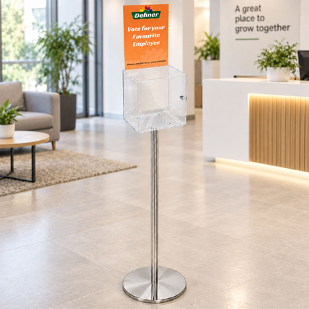 Premium Clear Suggestion Box with A4 Display on Silver Pole and Base
