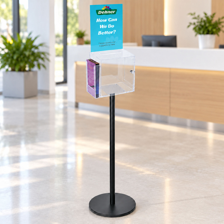 Premium Clear Suggestion Box with A4 Display on Black Pole and Base with DL Brochure Holder on Side