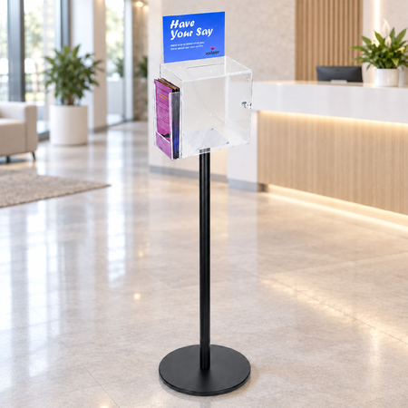 Premium Clear Suggestion Box with A5 Display on Black Pole and Base with DL Brochure Holder on Side
