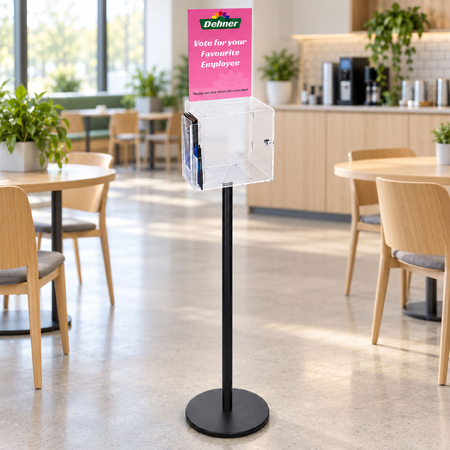 Premium Clear Suggestion Box with A4 Display on Black Pole and Base with DL Brochure Holder and Pen Holder on Side
