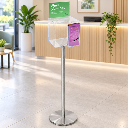 Premium Clear Suggestion Box with A5 Display on Silver Pole and Base with DL Brochure Holder