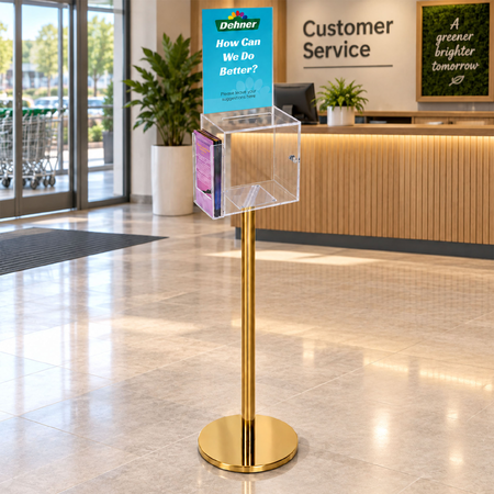 Premium Clear Suggestion Box with A4 Display on Gold Pole and Base with DL Brochure Holder on Side