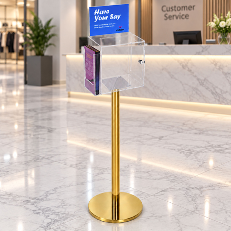 Premium Clear Suggestion Box with A5 Display on Gold Pole and Base with DL Brochure Holder on Side