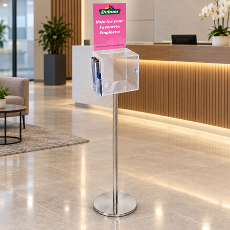 Premium Clear Suggestion Box with A4 Display on Silver Pole and Base with DL Brochure Holder and Pen Holder on Side